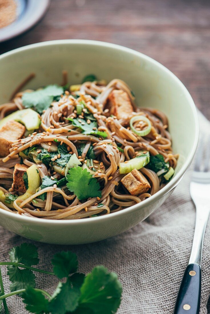 Otsu salad (soba noodle salad with tofu and coriander, Japan)