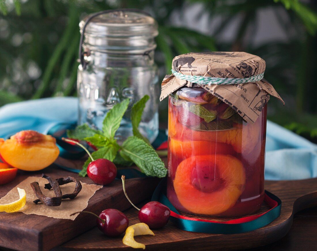 Preserved peaches in a jar