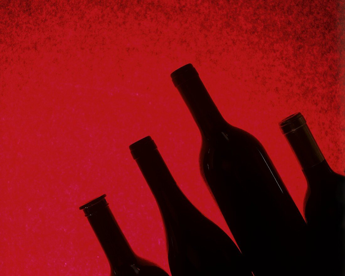 Vier Weinflaschen vor rotem Hintergrund