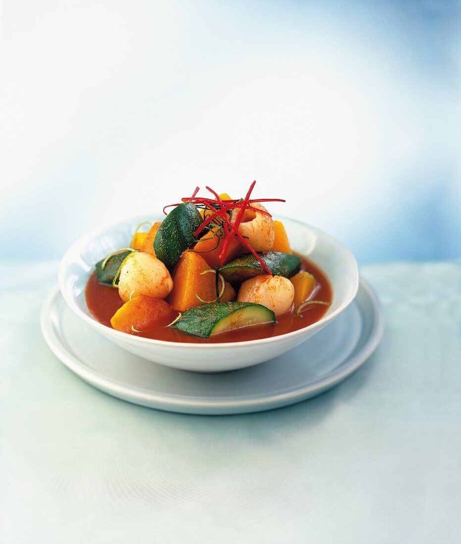 Rotes Curry mit Lychees, Süsskartoffeln und Zucchini