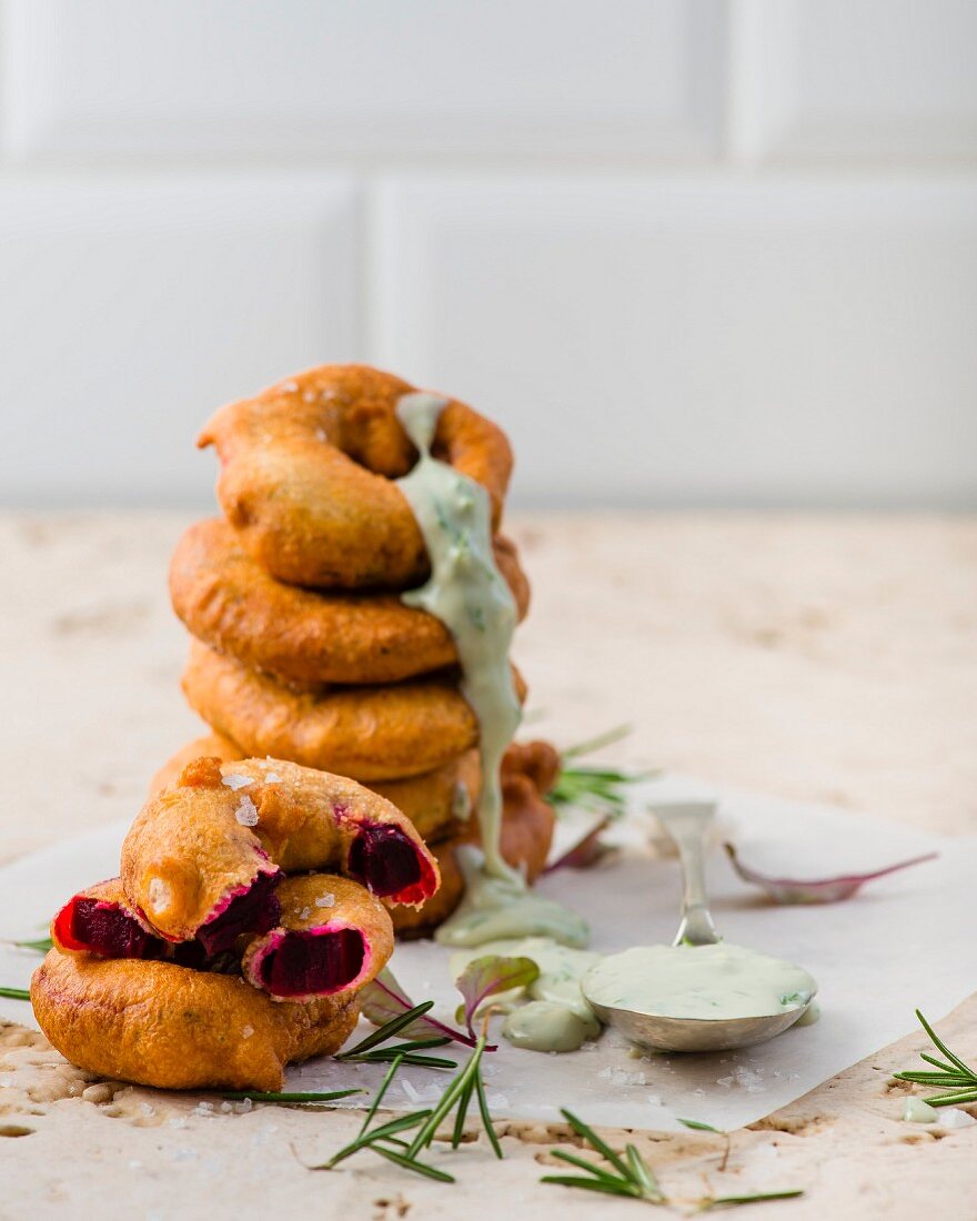 Beetroot beignets with blue cheese sauce