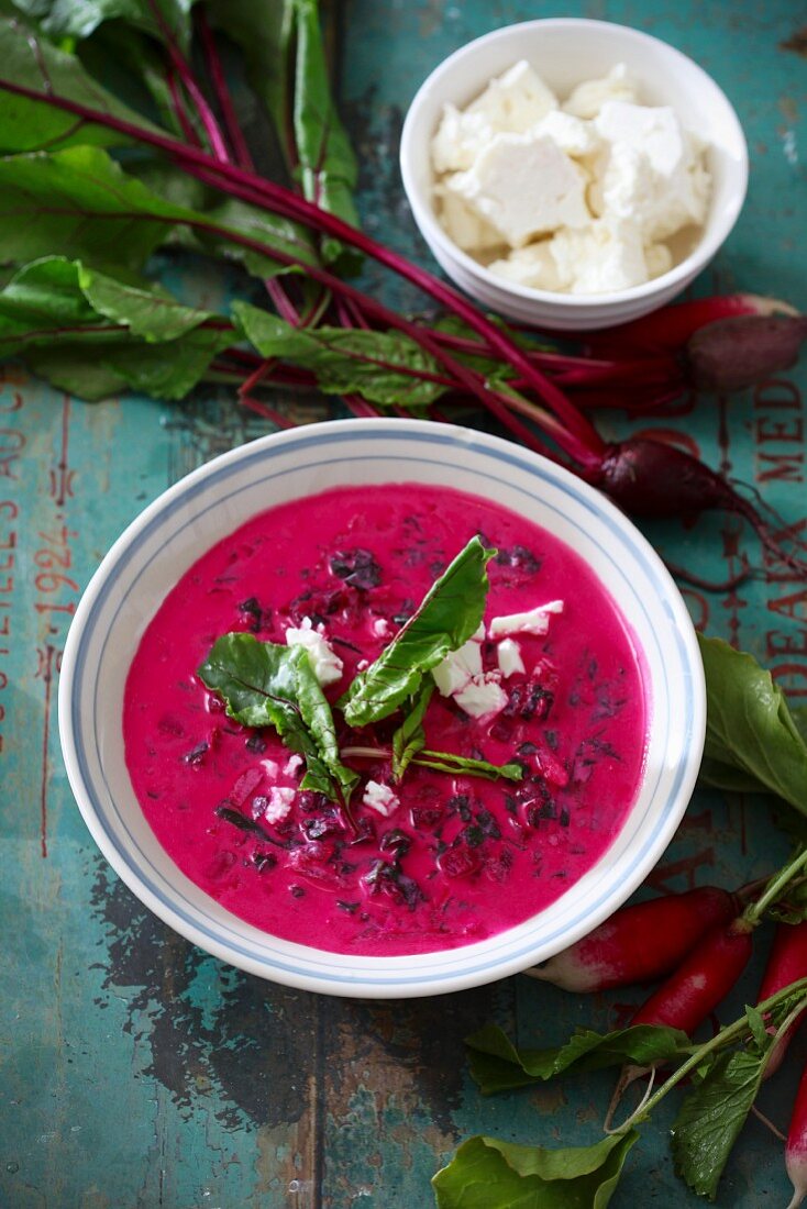 Cold soup with beetroot with goat's cheese