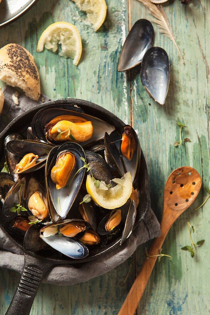 Moules mariniere (mussels in white wine) with lemon and thyme