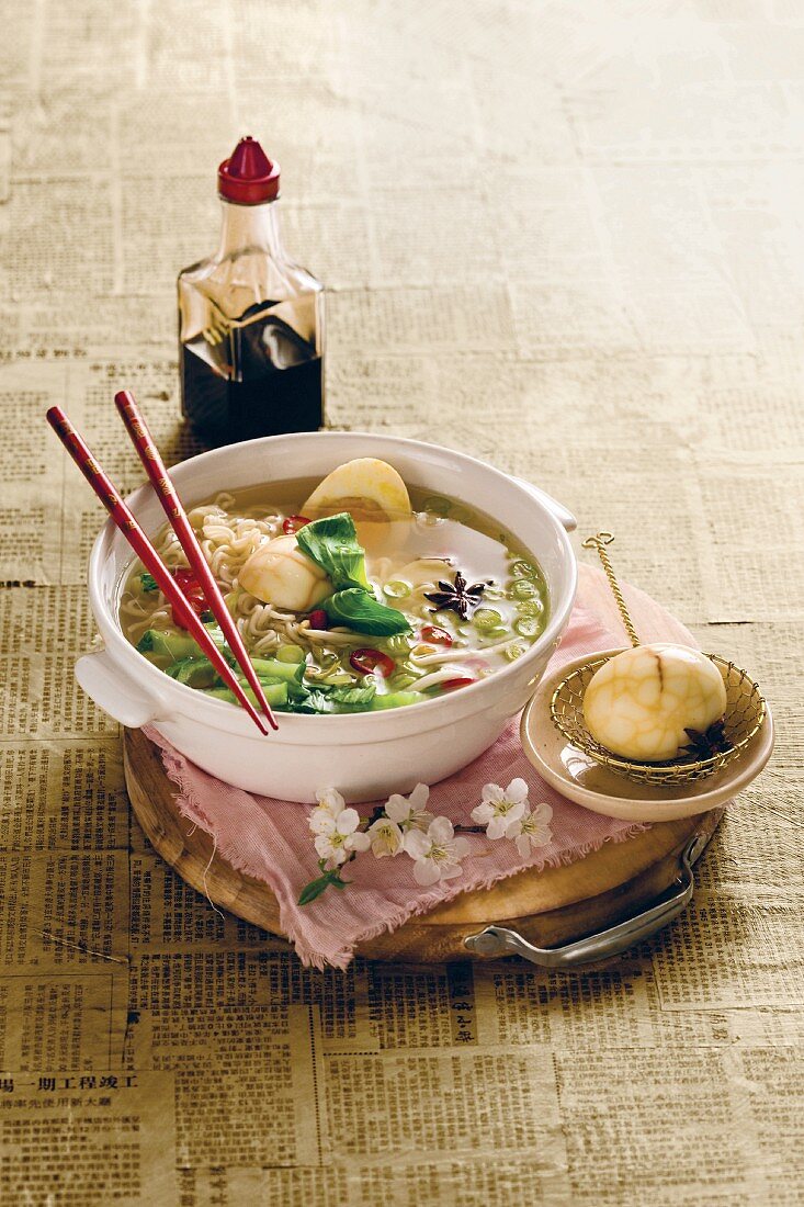 Noodle soup with tea eggs