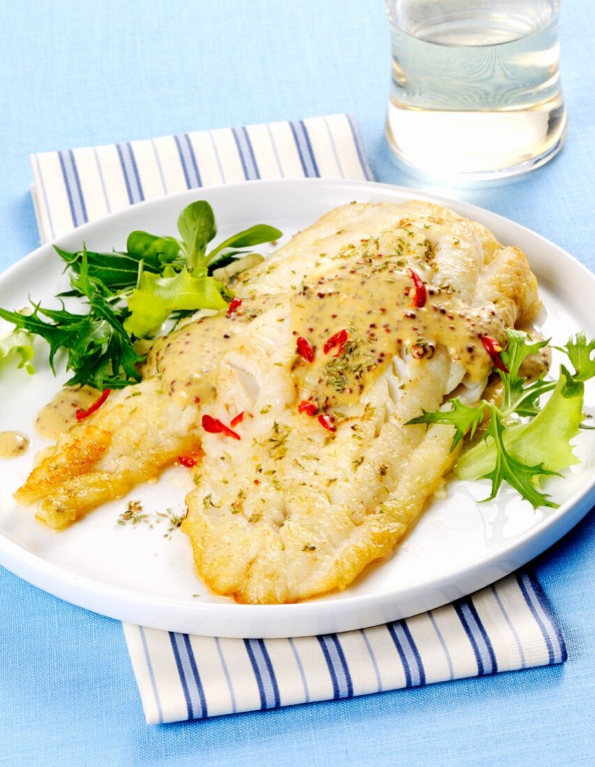 Cod fillet with herbs, chilli and a mustard sauce