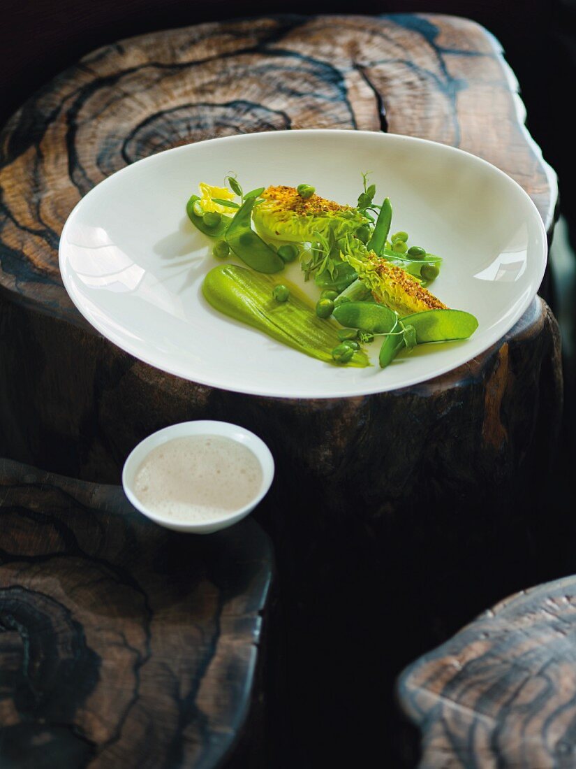 Peas, mange tout, lettuce and verbena, Restaurant Kai3 at the Hotel Budersand, Sylt