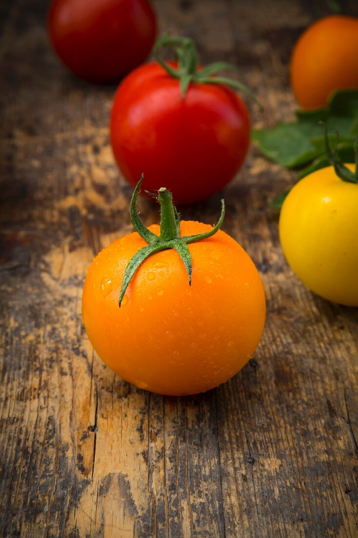 Orangefarbene, rote und gelbe Tomaten auf Holzuntergrund