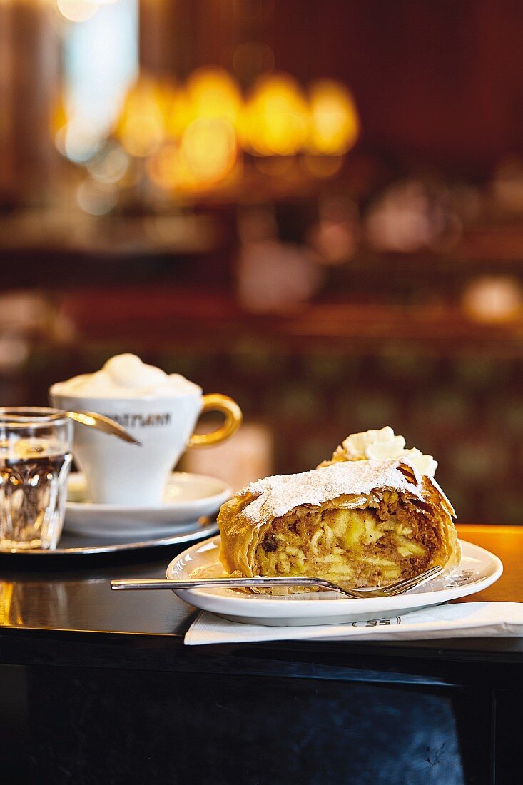 Viennese coffe houses, apple strudel with cream in Café Landtmann, Vienna