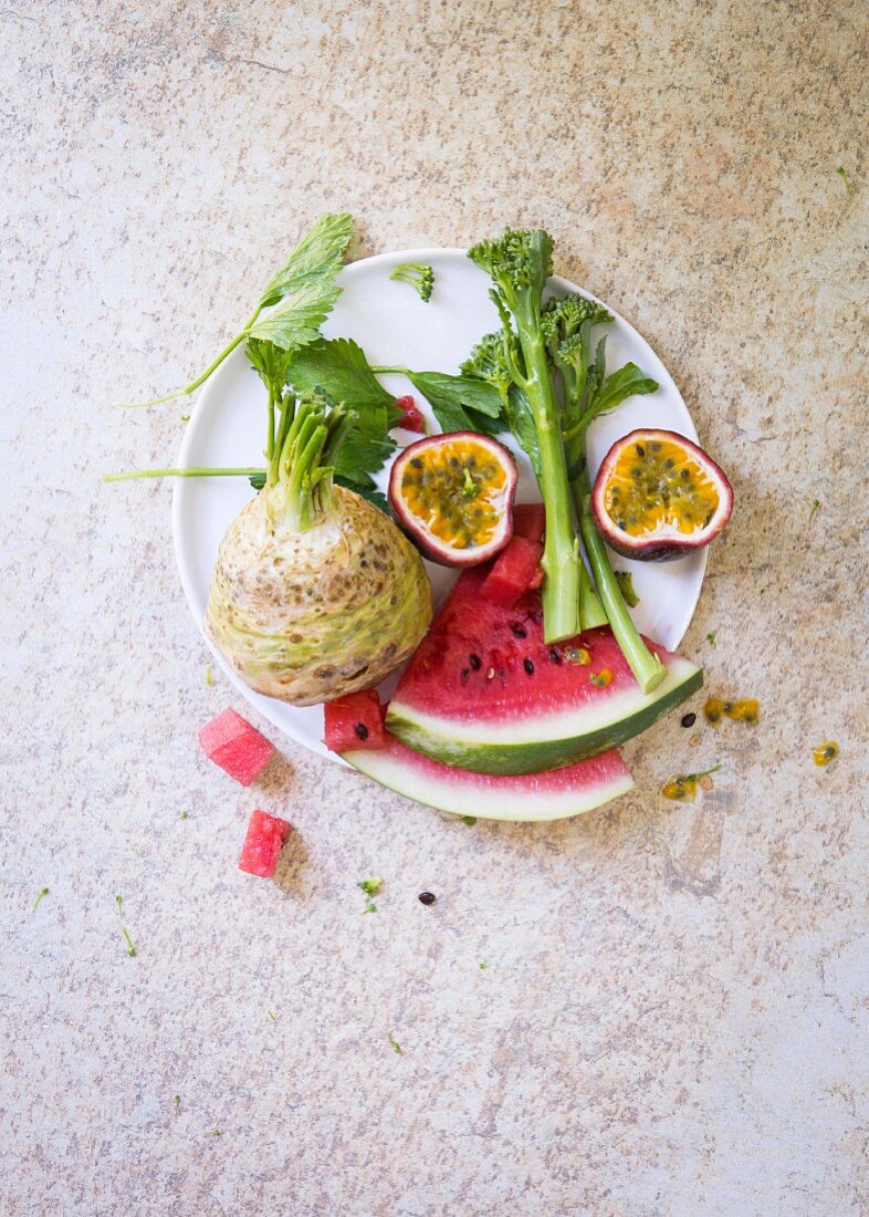 Celeriac, watermelon, red passion fruit and broccoli