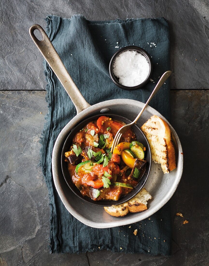 Ratatouille with grilled bread (seen from above)