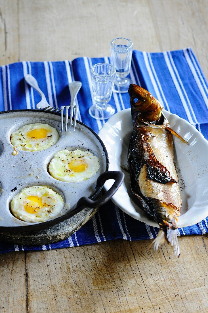 Fried eggs and fried trout