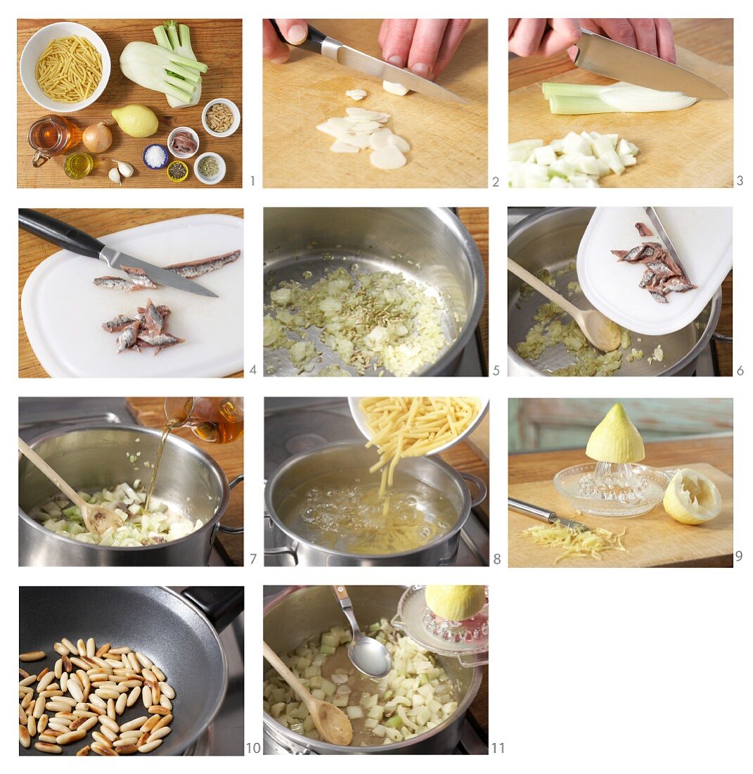 Macaroni with a fennel medley and pine nuts being made