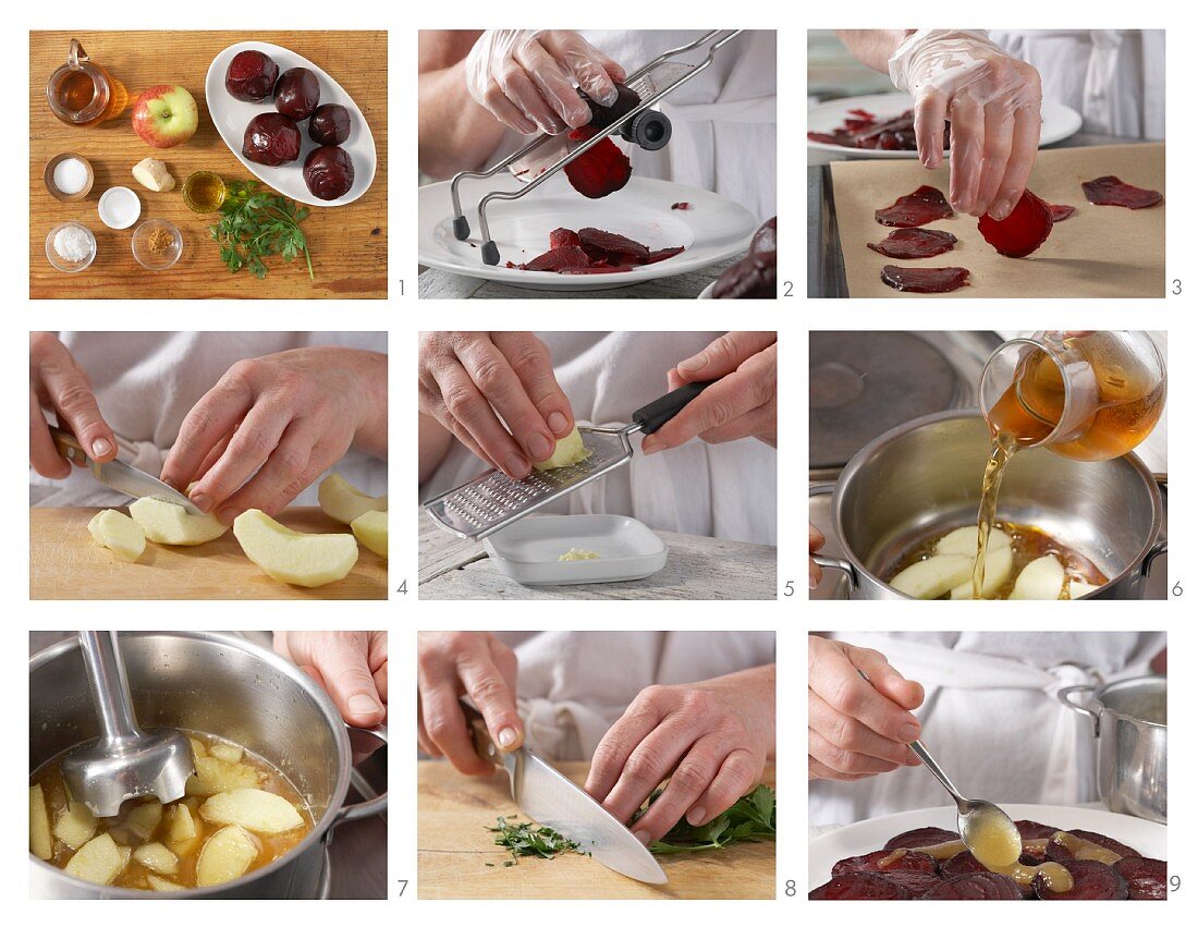 Beetroot carpaccio with apple sauce being made