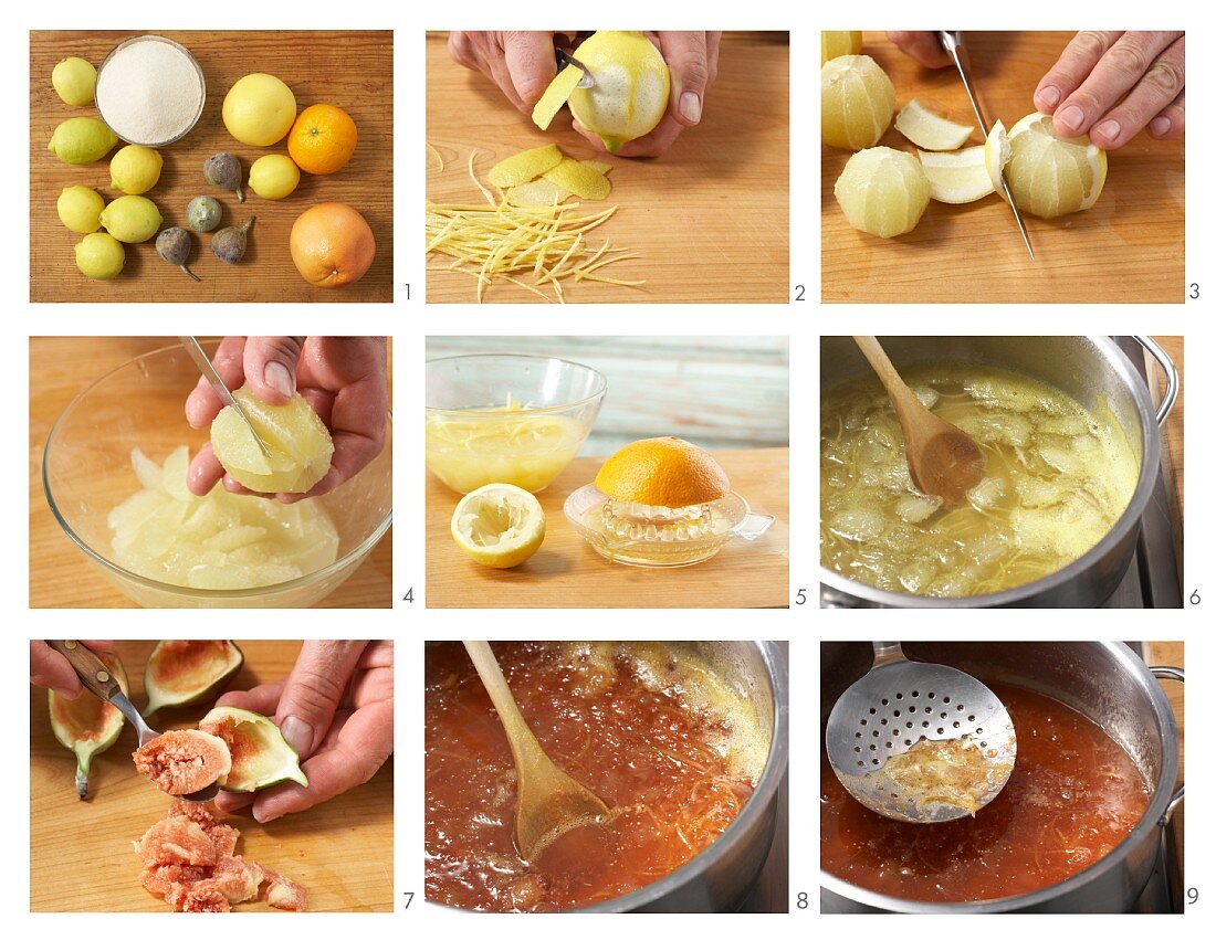Tangy citrus jelly with figs being made