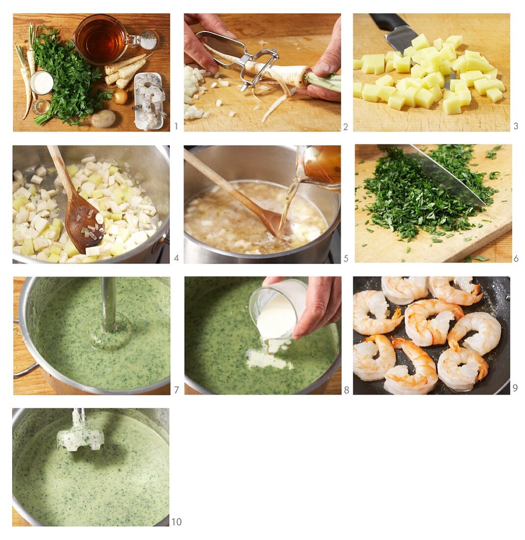 Parsley and parsnip soup with prawns being made