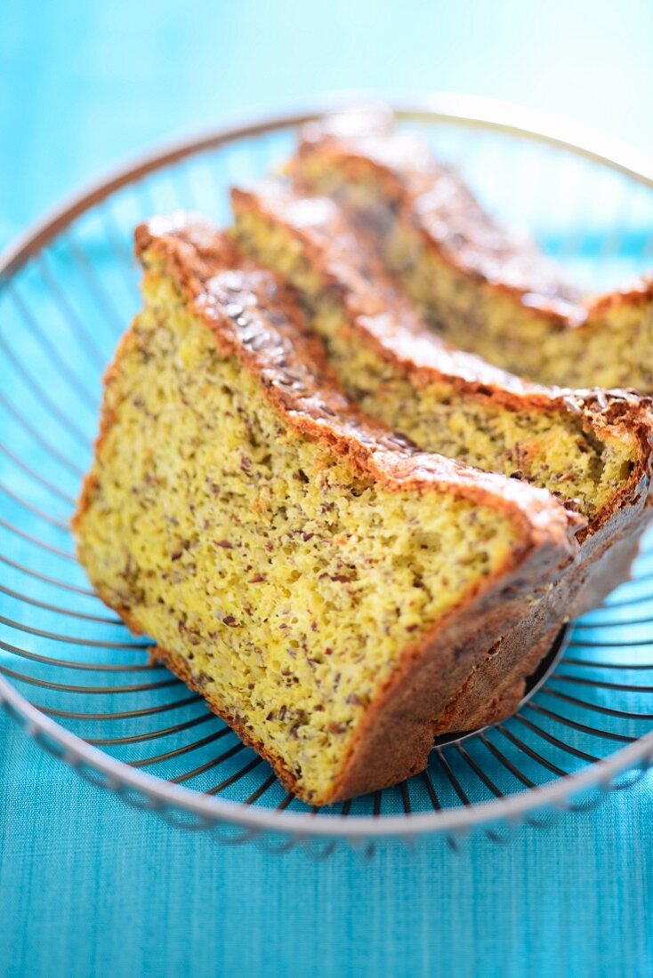 Three slices of keto bread in a wire basket