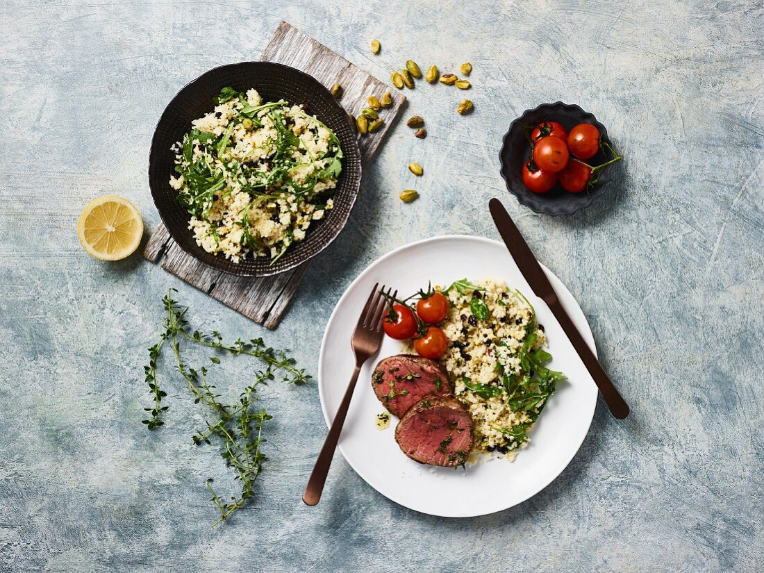 Beef fillet with cauliflower couscous