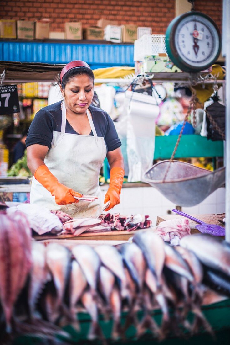 Fischstand am San Camilo Markt (Mercado San Camilo), Arequipa, Peru, Südamerika