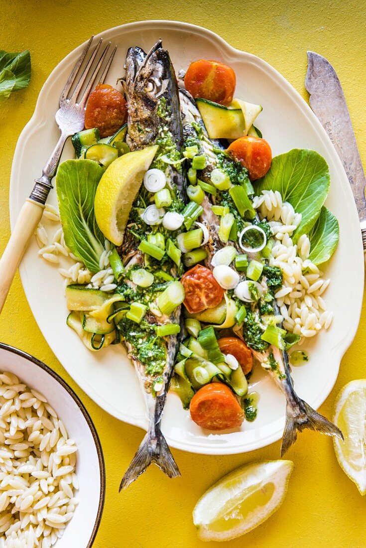 Grilled mackerel with pesto and orzo pasta (seen from above)