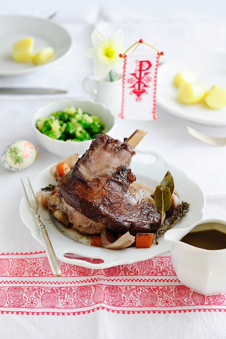 Easter lamb with a side of vegetables