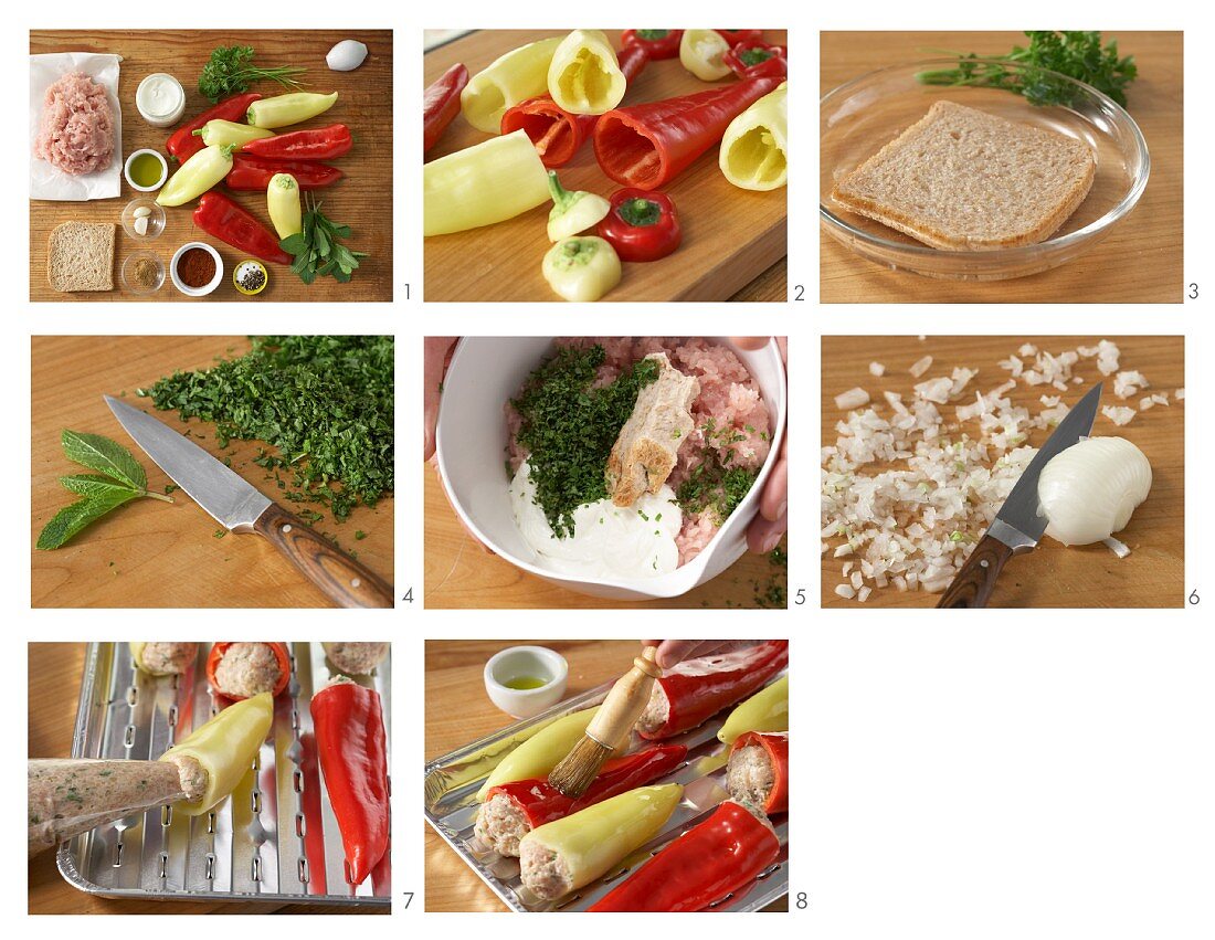 Grilled pointed peppers filled with turkey mince being prepared