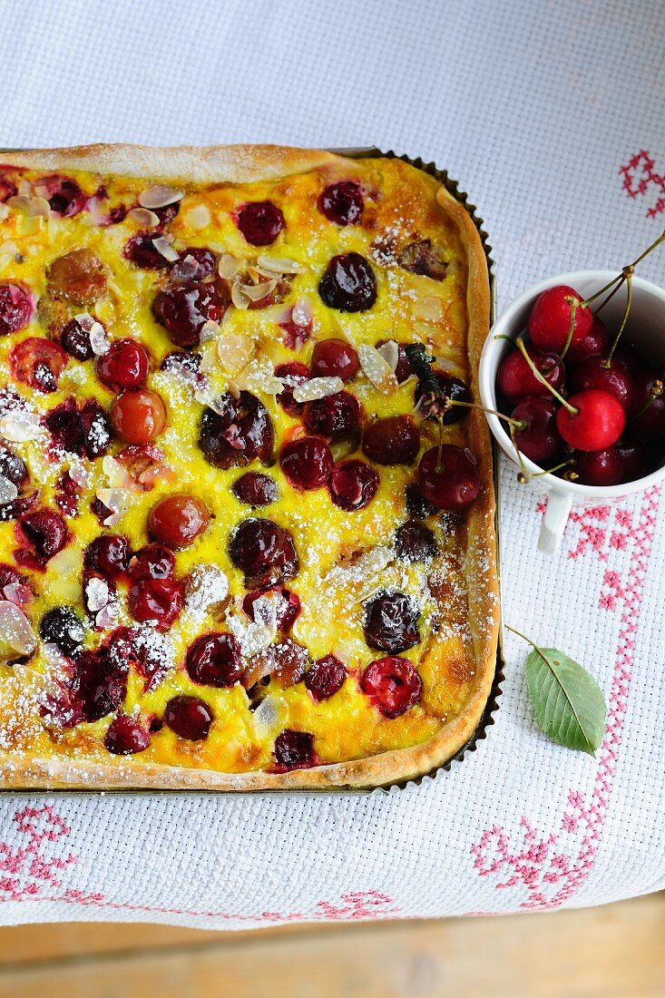 Cherry cake with icing sugar (seen from above)