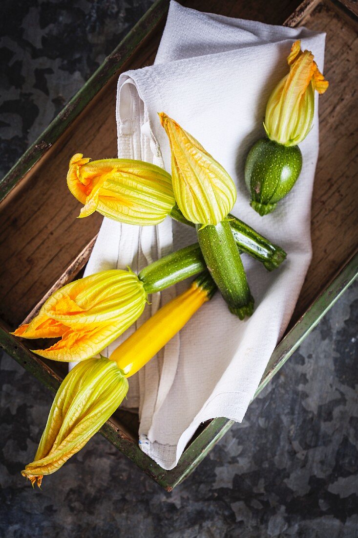 Zucchinibüten auf Tuch in Holzkiste