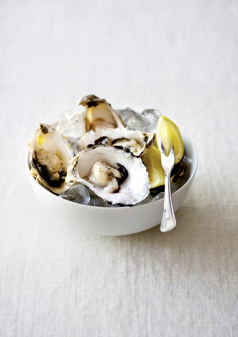 Oysters on ice with lemon wedges