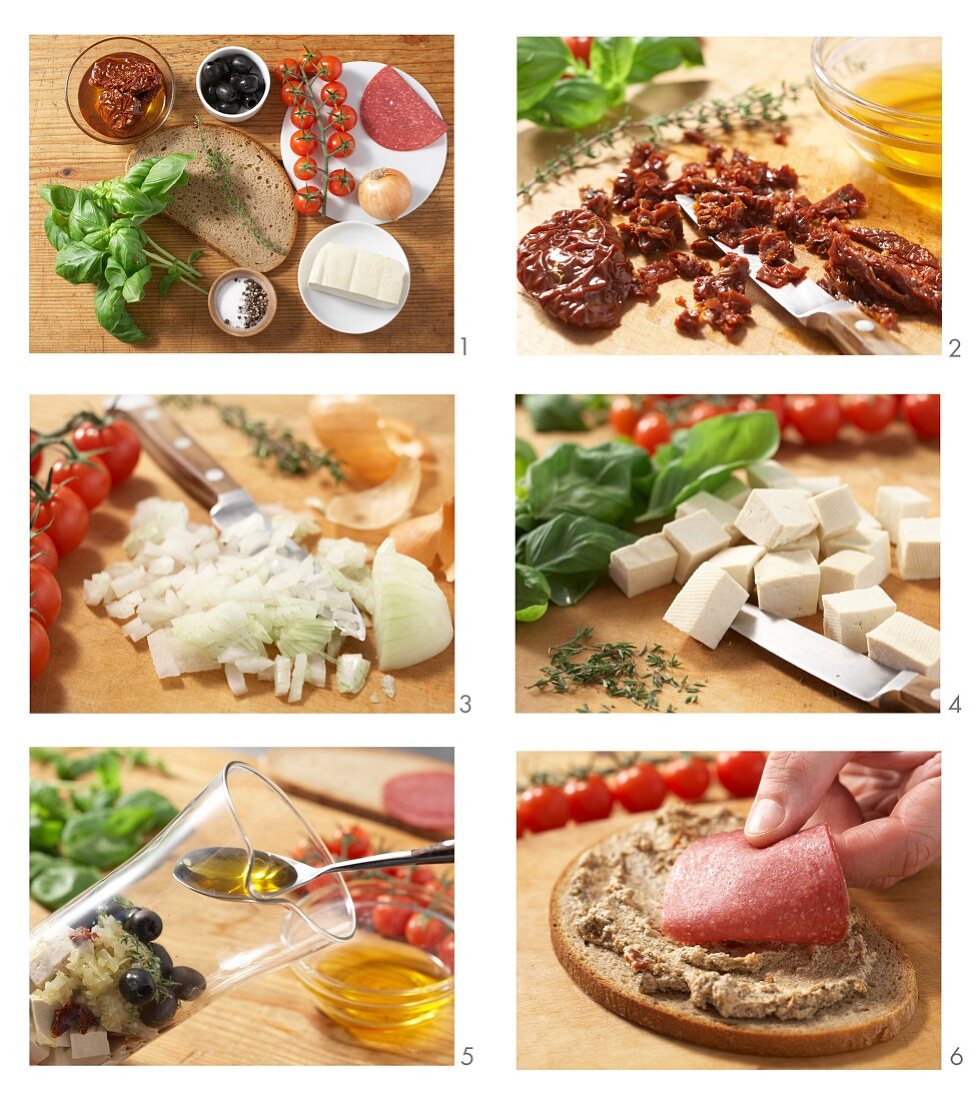 Pizza-style salami bread with a tomato and feta cheese spread being made