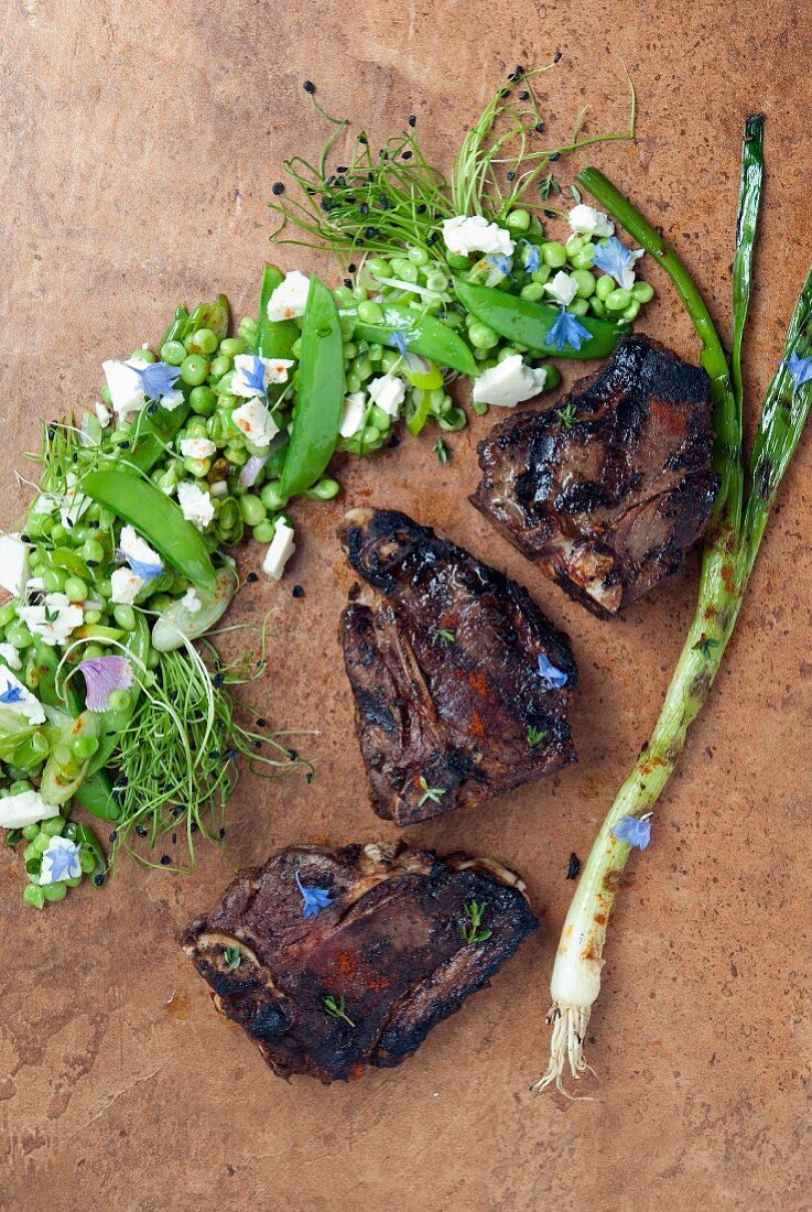Grilled lamb chops with a pea salad