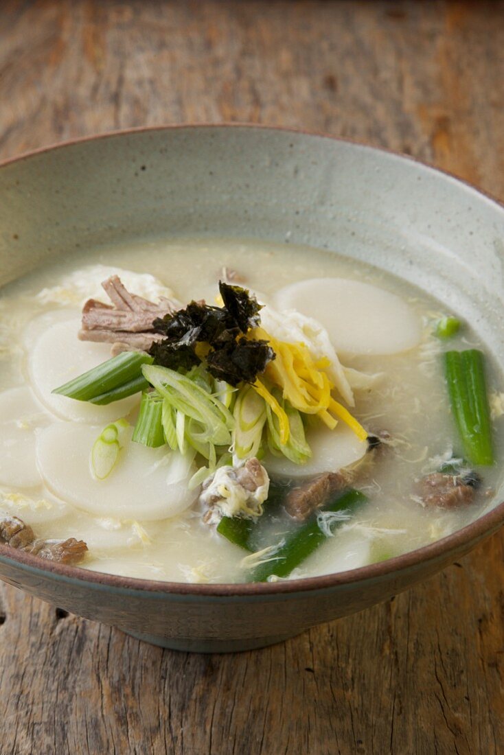 Tteokguk (rice cake soup for New Year, South Korea)