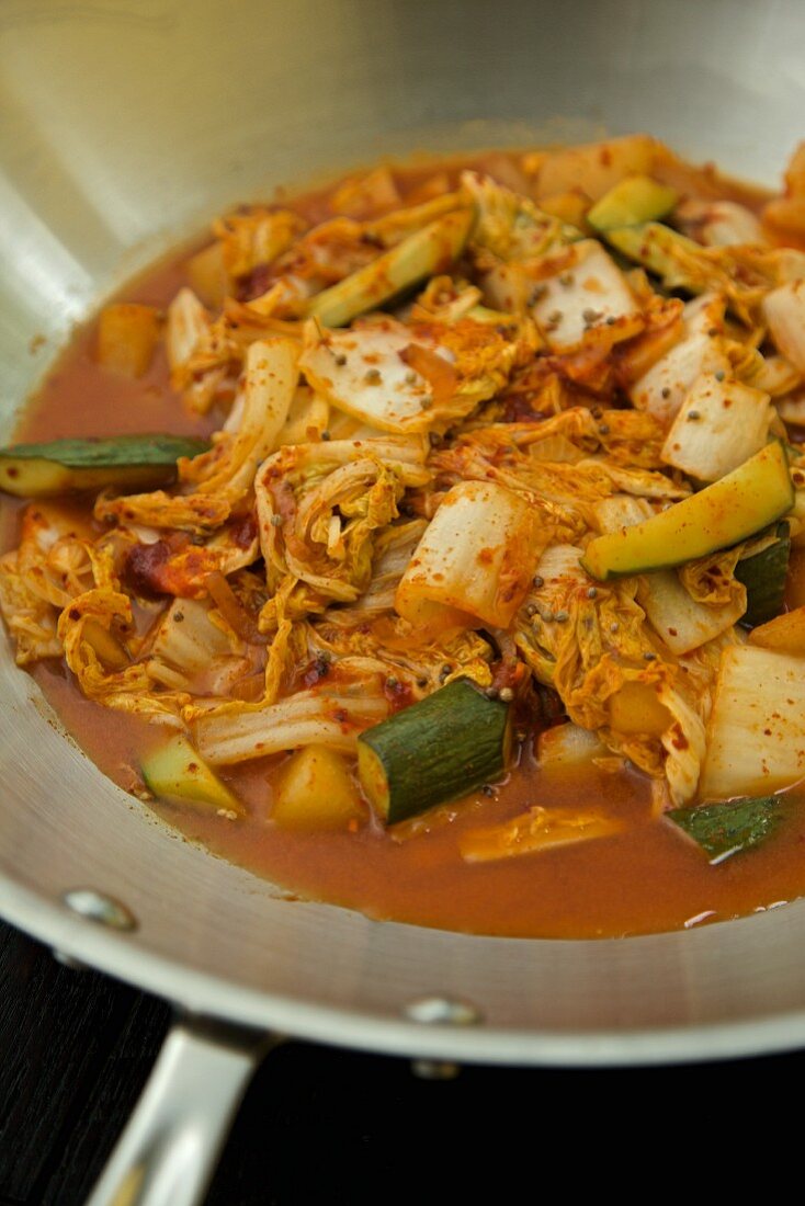 Hot kimchi (lactofermented vegetables, South Korea) in a pan