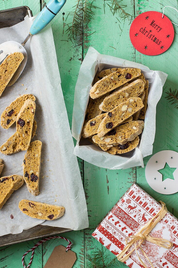 Pumpkin biscotti with almonds and cranberries