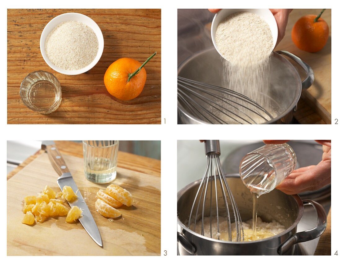 Semolina pudding with mandarins being made