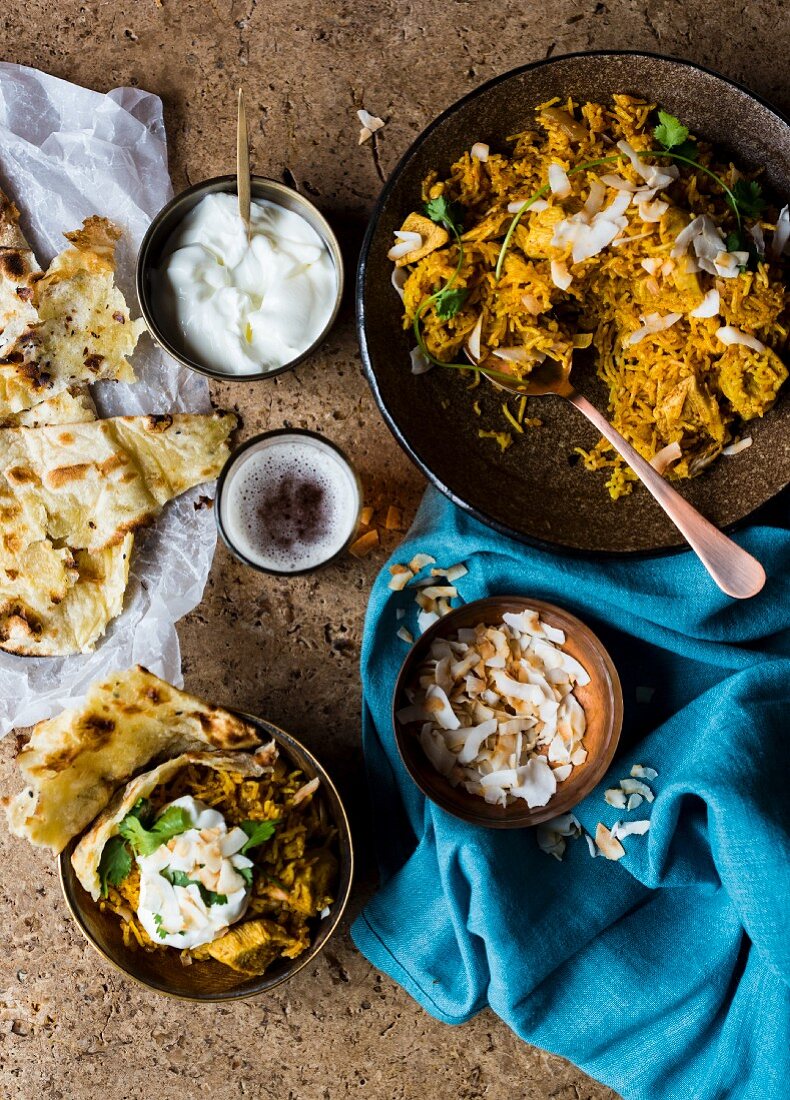 Chicken biryani with unleavened bread