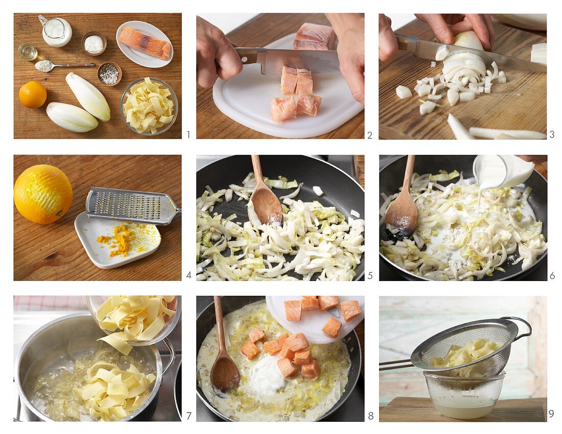 Tagliatelle with a chicory and salmon sauce being made