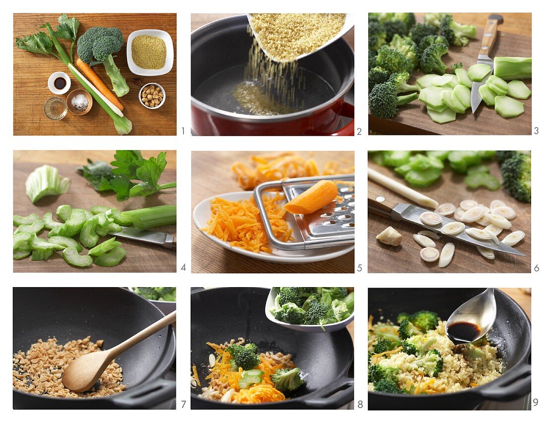 Oriental fried bulgur with broccoli and peanuts being made