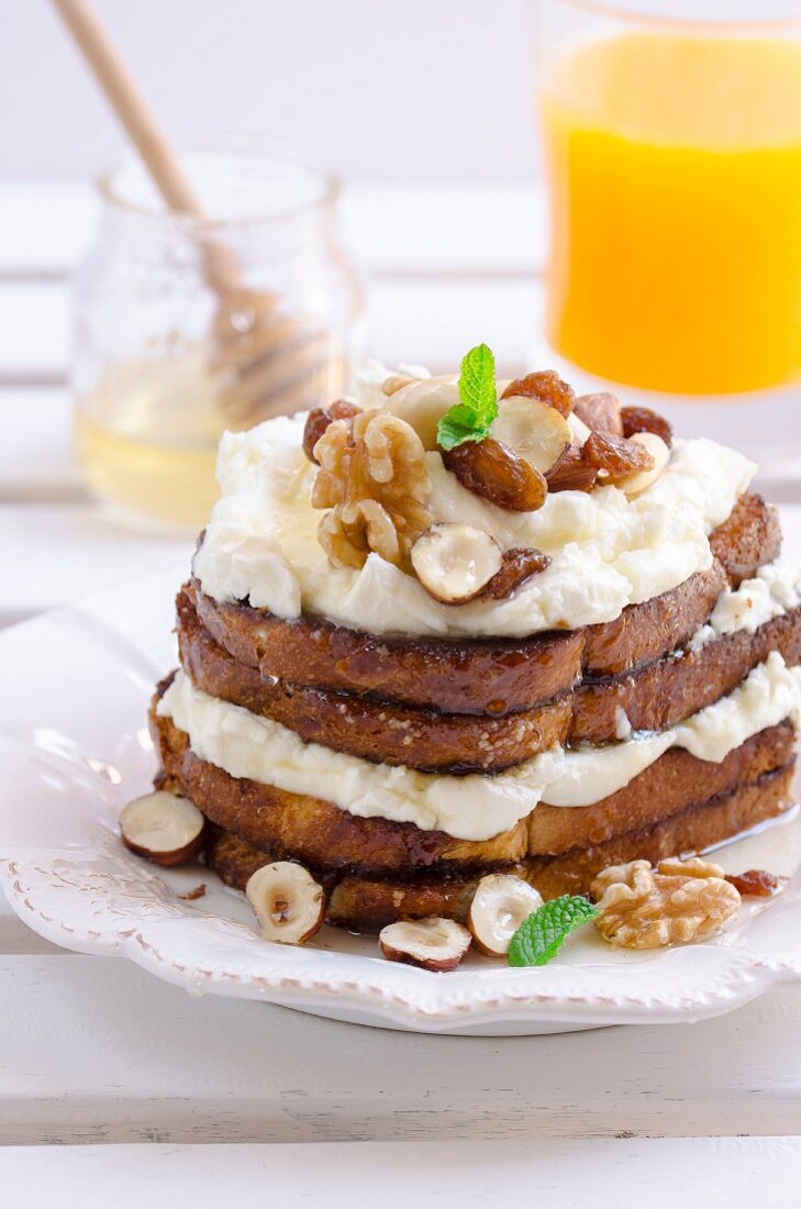 French toast with cream cheese, honey and nuts