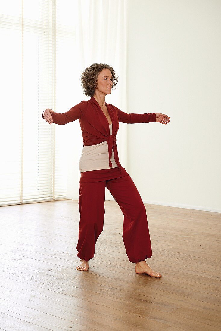 Opening wings (qigong) – Step 4: weight forward, stretch arms to the side