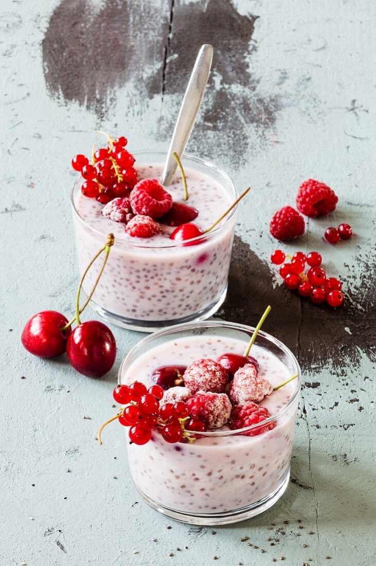 Joghurt mit Chiasamen und sommerlichen Gartenfrüchten