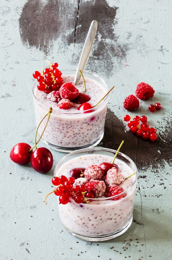 Yoghurt with chia seeds and summer garden fruits