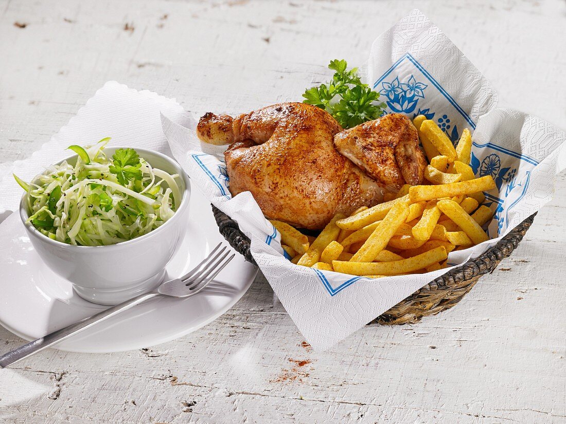 Roast chicken with chips and salad