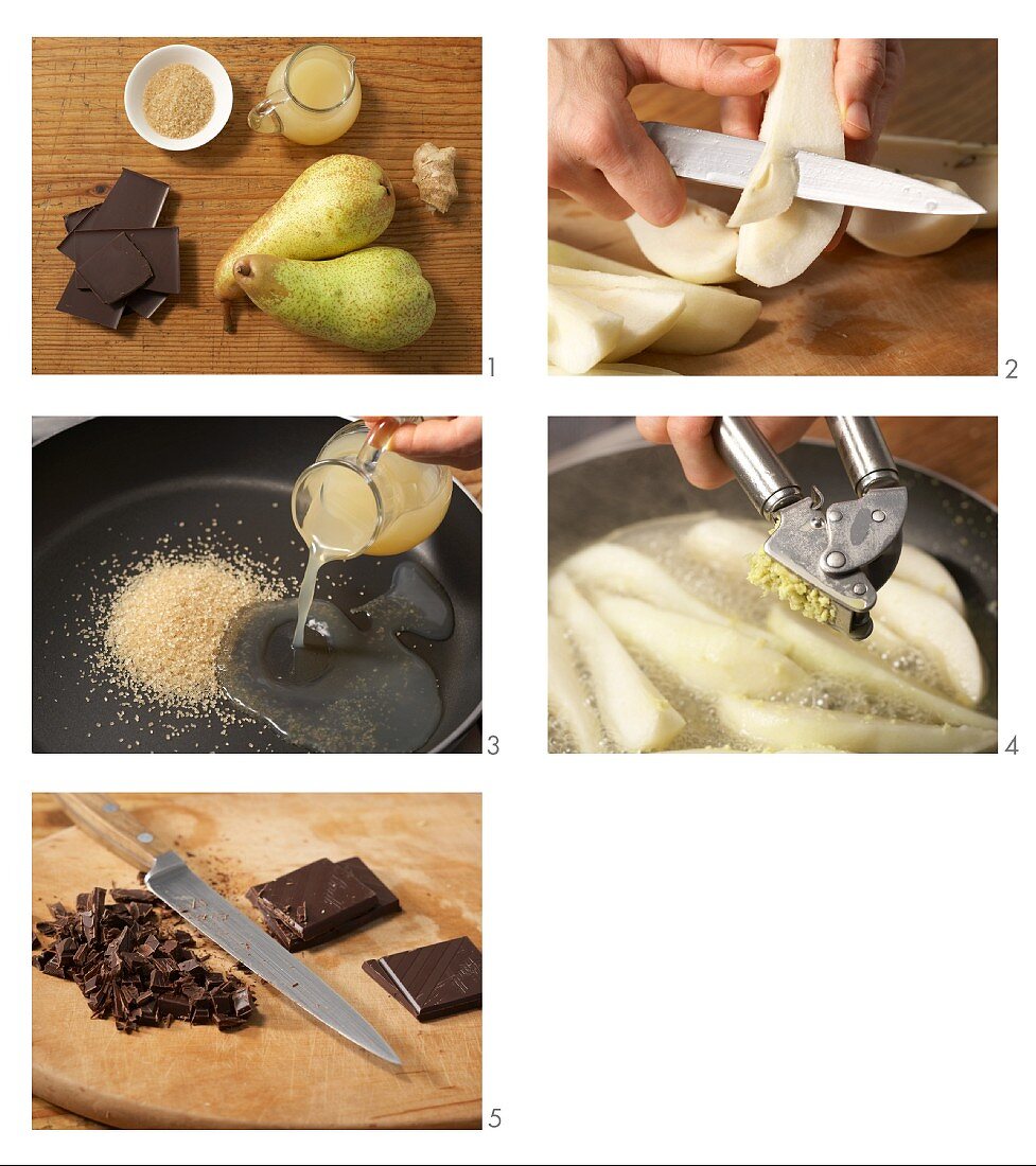 Steamed pear wedges with chocolate sauce being made