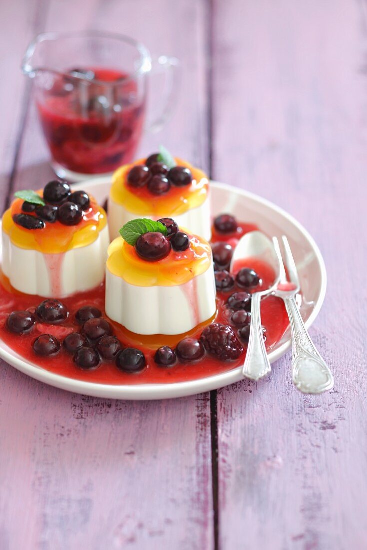 Panna cotta with fruit jelly and berry compote