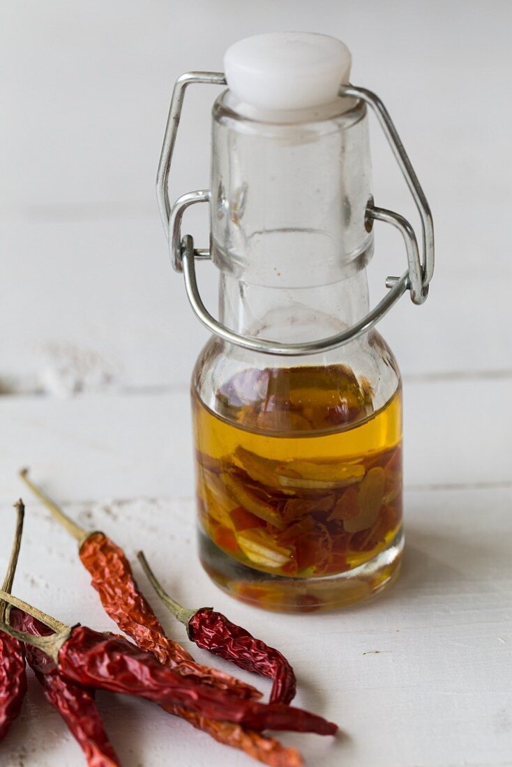 Chilli and garlic oil in a flip-top bottle