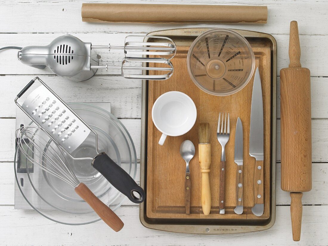 Kitchen utensils for making cakes and a dip