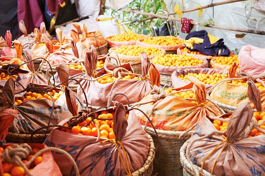 Baskets of kumquats at a market