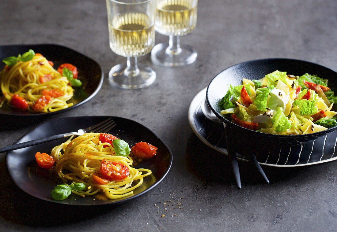 Spaghetti with saffron tomatoes, and savoy cabbage pasta with ricotta