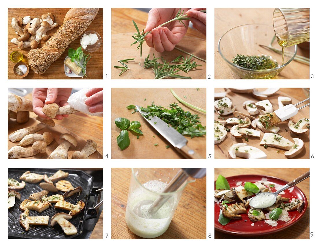 Grilled porcini mushrooms with pecorino cheese and basil foam being made