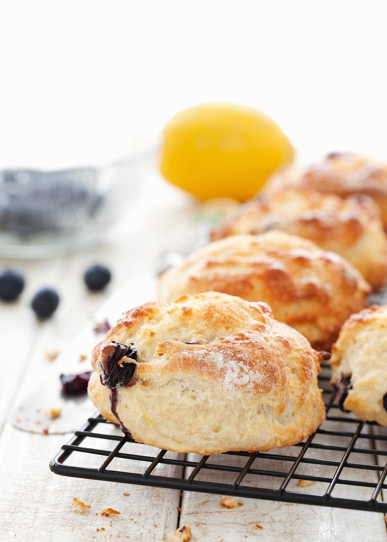 Blueberry and lemon scones cooling on a rack